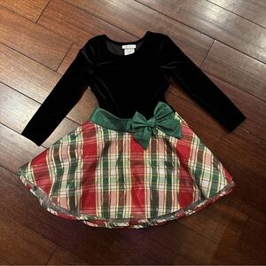 Bonnie Jean Black Velvet Dress with Plaid Skirt and Green Bow girls 7 Christmas
